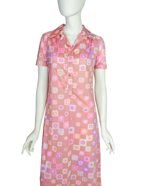 Ken Scott Vintage 1970s Pink Purple Op Art Maxi Shirt Dress