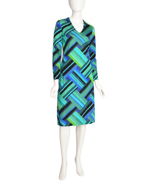 Ken Scott Vintage 1970s Green Blue Geometric Op Art Print Dress
