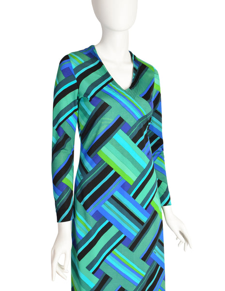 Ken Scott Vintage 1970s Green Blue Geometric Op Art Print Dress