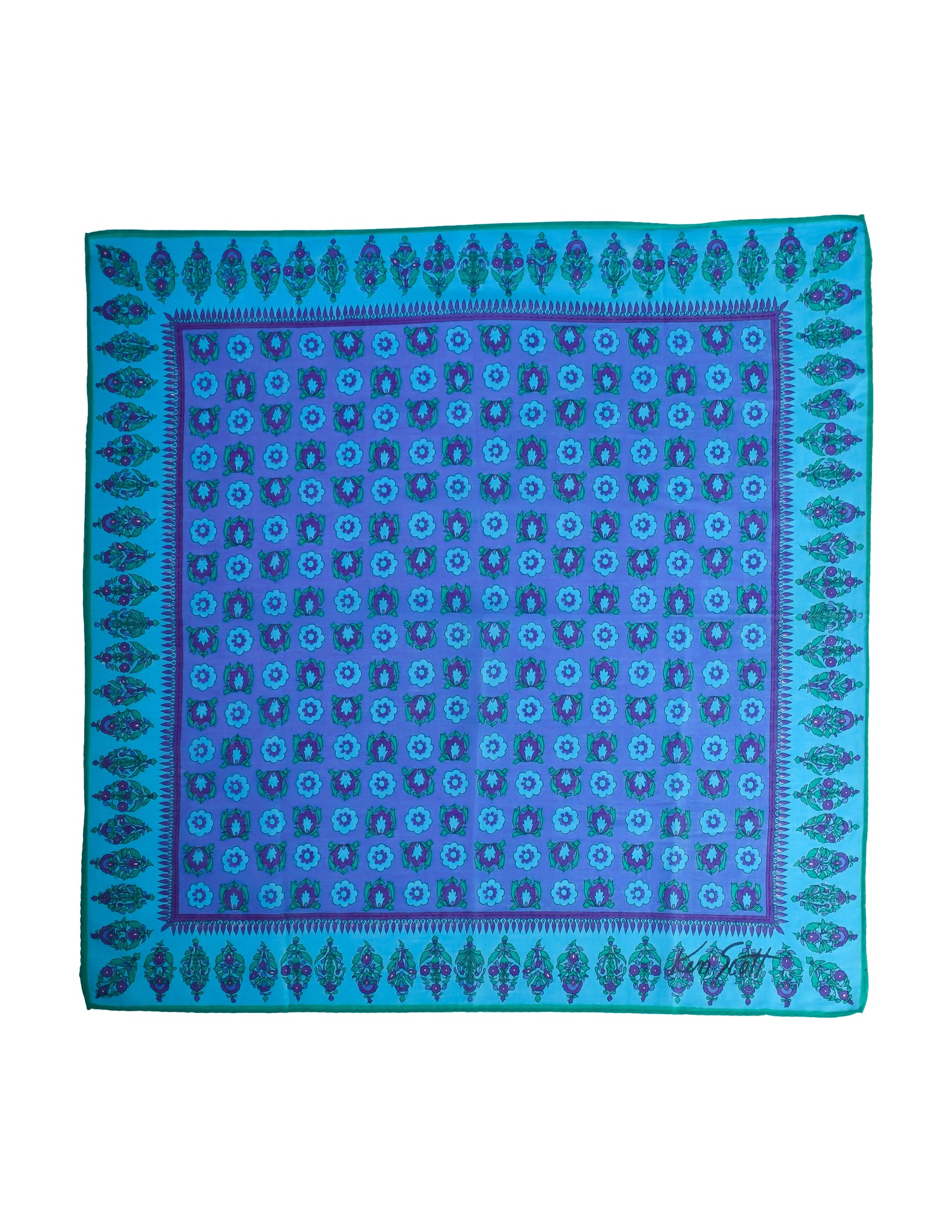 Ken Scott Vintage Blue Green Purple Kitschy Floral Cotton Scarf