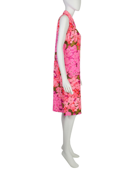 Ken Scott Vintage Vivid Hot Pink Hydrangea Floral Print Cotton Shift Dress
