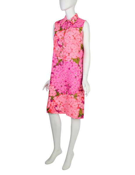 Ken Scott Vintage Vivid Hot Pink Hydrangea Floral Print Cotton Shift Dress