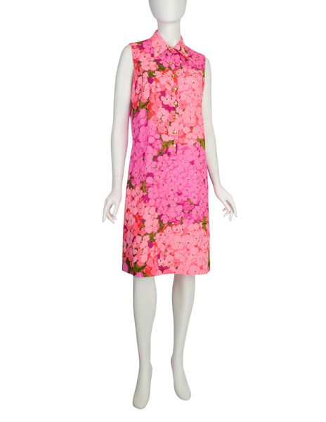 Ken Scott Vintage Vivid Hot Pink Hydrangea Floral Print Cotton Shift Dress