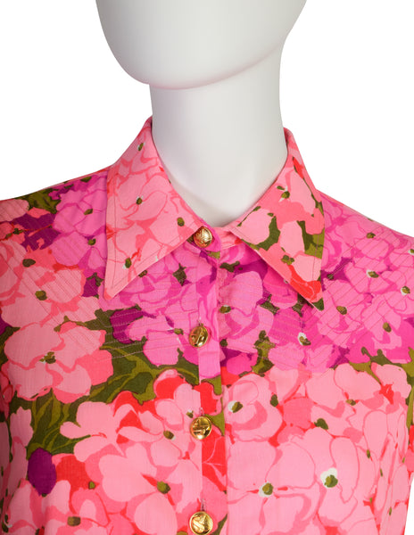 Ken Scott Vintage Vivid Hot Pink Hydrangea Floral Print Cotton Shift Dress