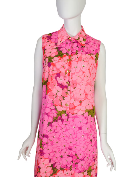 Ken Scott Vintage Vivid Hot Pink Hydrangea Floral Print Cotton Shift Dress