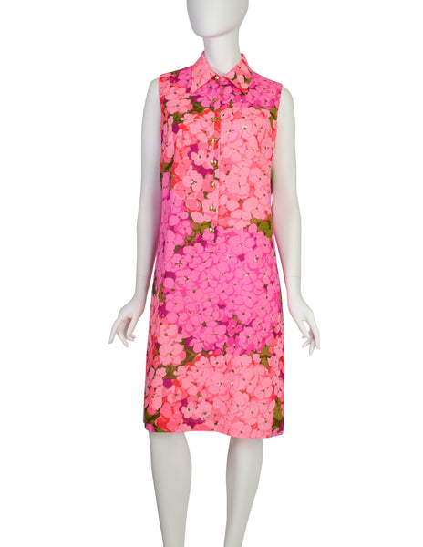Ken Scott Vintage Vivid Hot Pink Hydrangea Floral Print Cotton Shift Dress