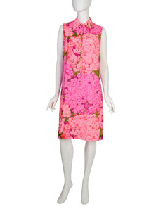 Ken Scott Vintage Vivid Hot Pink Hydrangea Floral Print Cotton Shift Dress