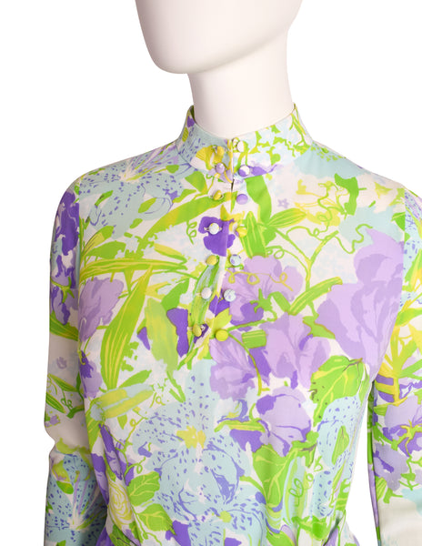 Ken Scott Vintage 1967 Poggio Imperiale Purple Green Floral Print Mini Dress