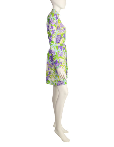 Ken Scott Vintage 1967 Poggio Imperiale Purple Green Floral Print Mini Dress