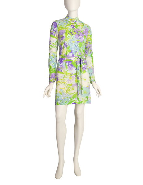 Ken Scott Vintage 1967 Poggio Imperiale Purple Green Floral Print Mini Dress