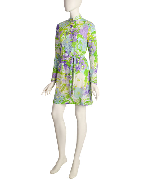 Ken Scott Vintage 1967 Poggio Imperiale Purple Green Floral Print Mini Dress
