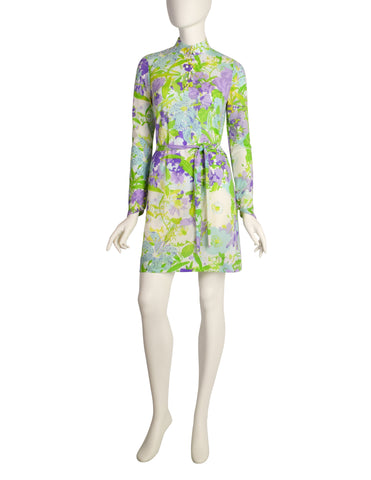 Ken Scott Vintage 1967 Poggio Imperiale Purple Green Floral Print Mini Dress