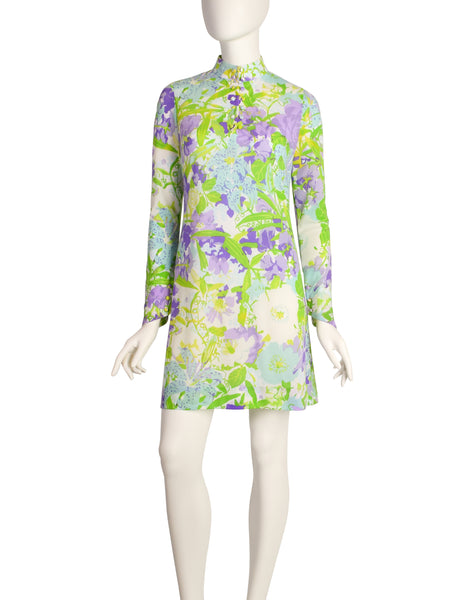 Ken Scott Vintage 1967 Poggio Imperiale Purple Green Floral Print Mini Dress