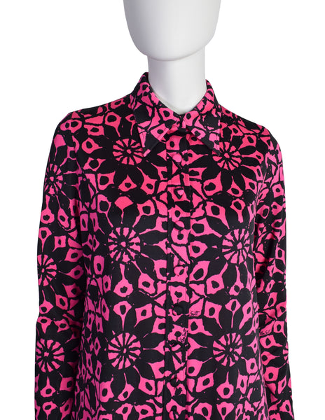 Ken Scott Vintage 1970s Vibrant Hot Pink and Black Floral Print Maxi Shirt Dress