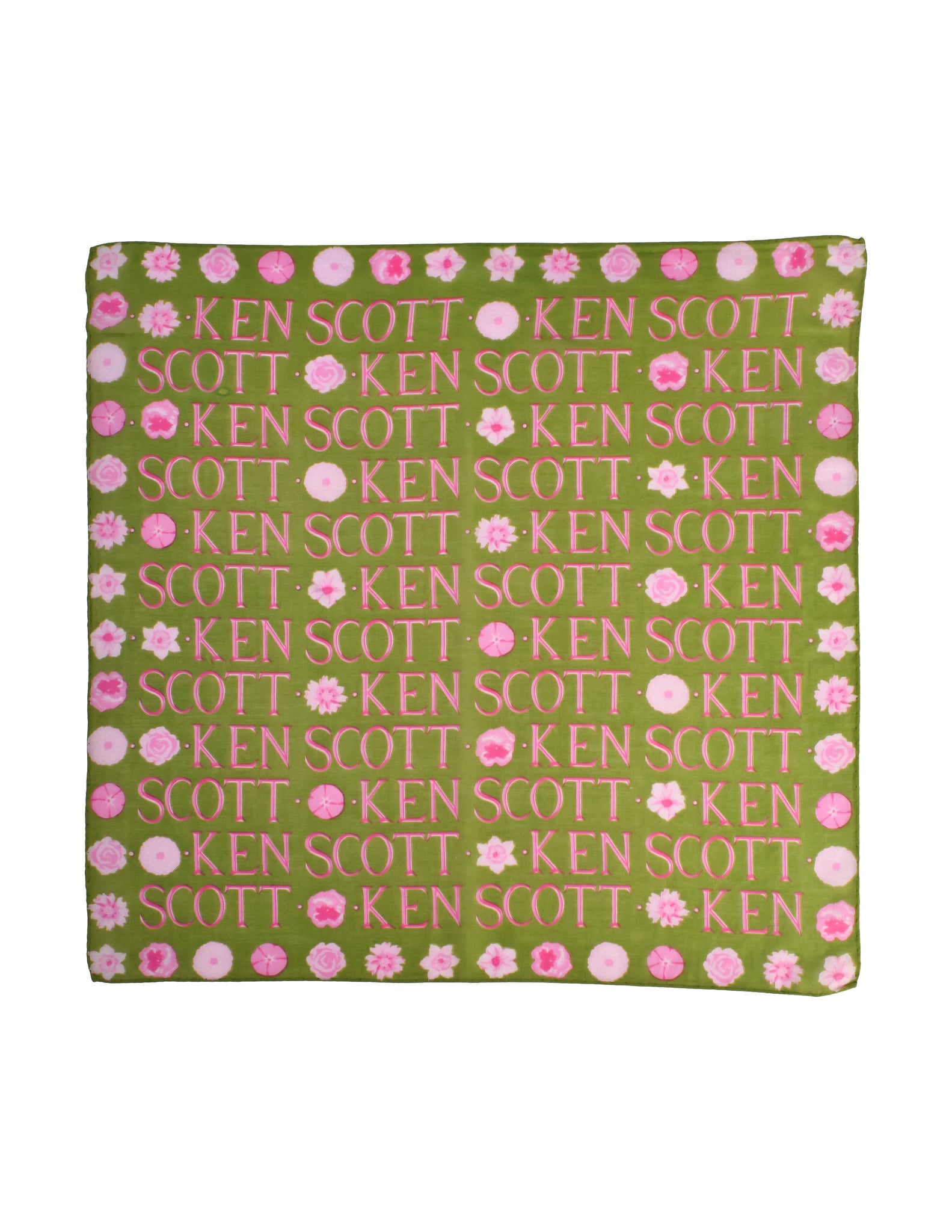 Ken Scott Vintage Moss Green Pink Namesake Floral Cotton Square Scarf