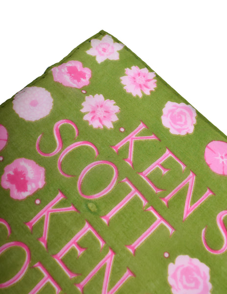 Ken Scott Vintage Moss Green Pink Namesake Floral Cotton Square Scarf