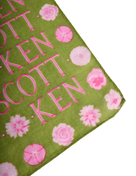 Ken Scott Vintage Moss Green Pink Namesake Floral Cotton Square Scarf