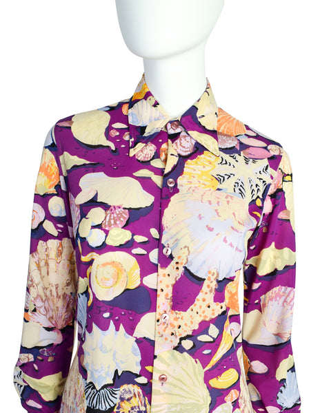 Ken Scott Vintage 1970s Purple Seashell Print Button Up Shirt