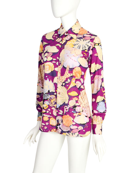 Ken Scott Vintage 1970s Purple Seashell Print Button Up Shirt