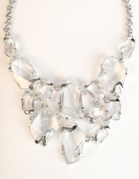 Kenneth Jay Lane Vintage Couture Collection Chunky Faceted Cut Crystal Silver Tone Bib Necklace