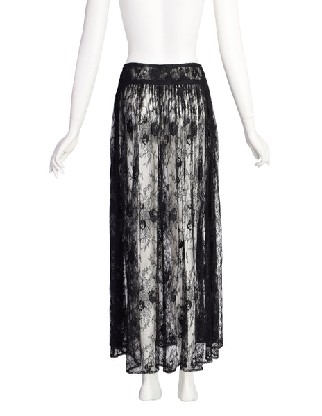 Kenzo Vintage 1980s Sheer Black Floral Lace Long Wrap Skirt