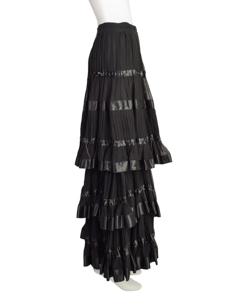 Kenzo Vintage 1980s Black Pleated Silk Chiffon Tiered Dramatic Full Length Skirt