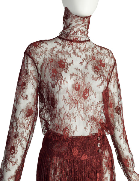Kenzo Vintage Early 1980s Burgundy Sheer Floral Chantilly Lace Top and Skirt Ensemble Set