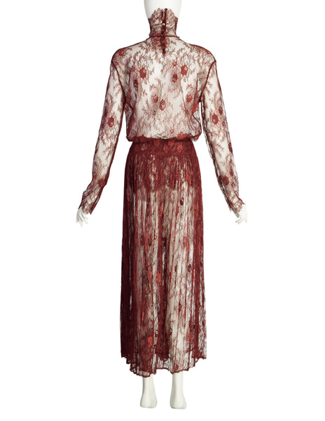 Kenzo Vintage Early 1980s Burgundy Sheer Floral Chantilly Lace Top and Skirt Ensemble Set