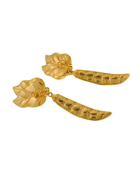 Kenzo Vintage Large Gold Pea Pod Leaf Dangle Earrings