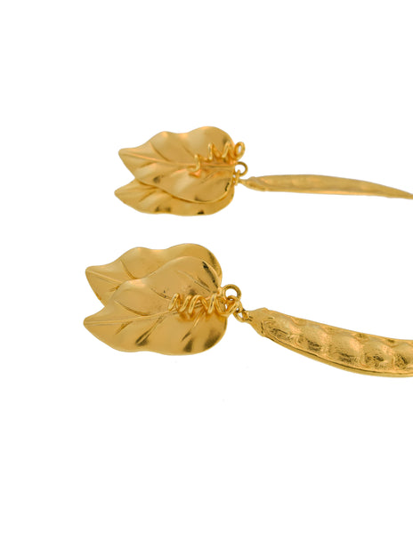Kenzo Vintage Large Gold Pea Pod Leaf Dangle Earrings