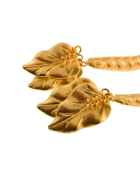 Kenzo Vintage Large Gold Pea Pod Leaf Dangle Earrings