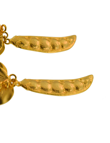 Kenzo Vintage Large Gold Pea Pod Leaf Dangle Earrings