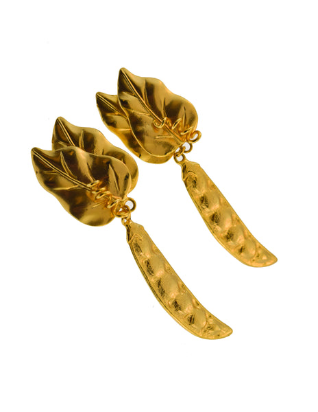 Kenzo Vintage Large Gold Pea Pod Leaf Dangle Earrings