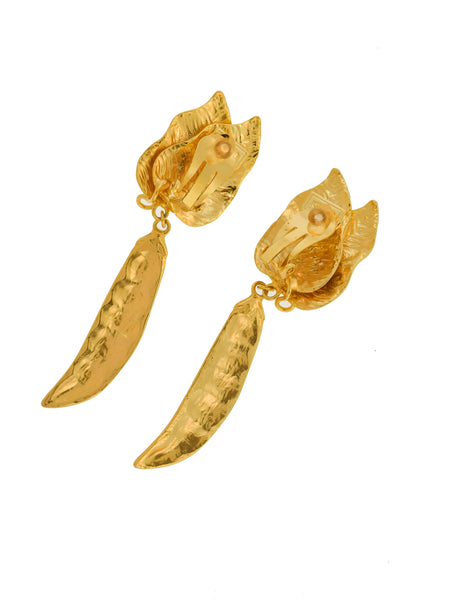 Kenzo Vintage Large Gold Pea Pod Leaf Dangle Earrings
