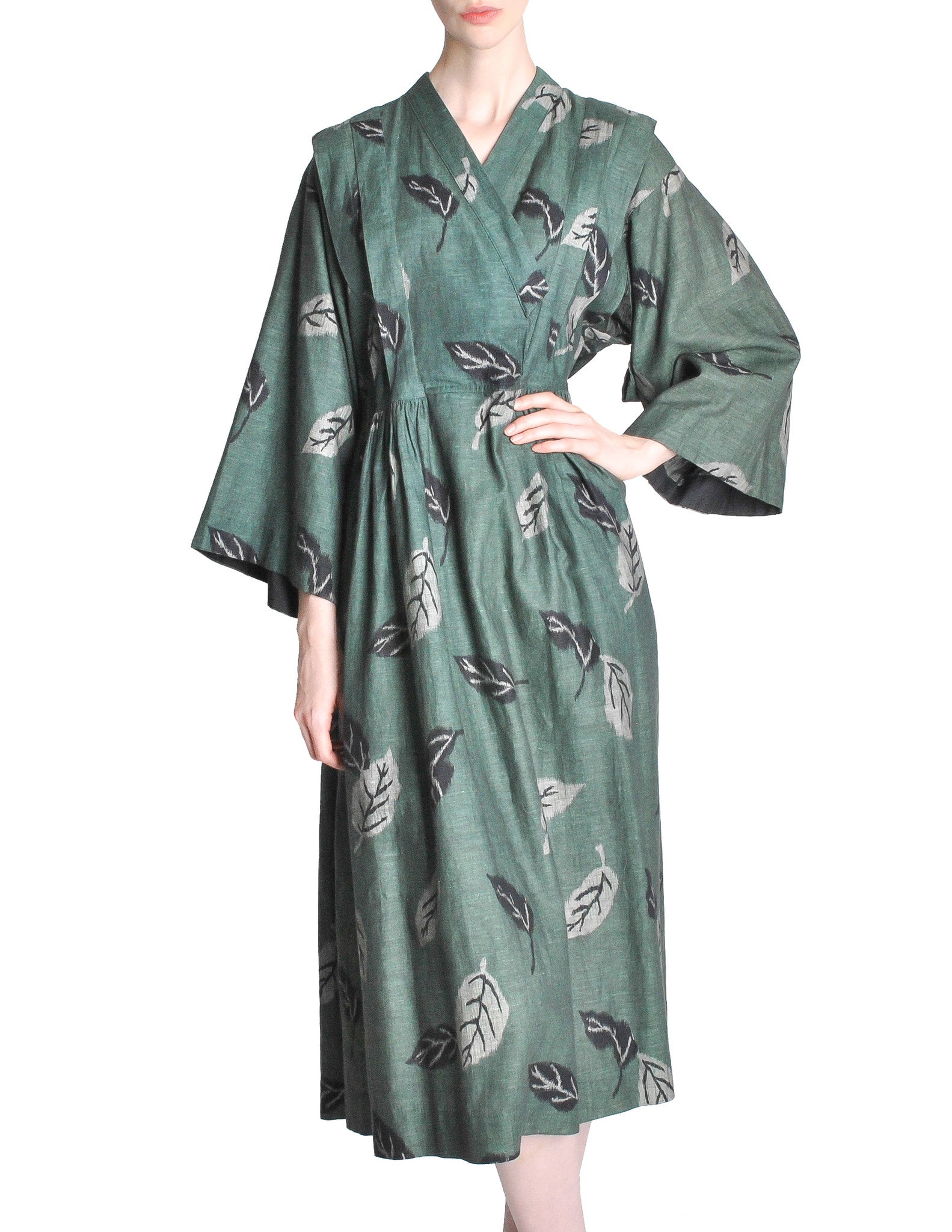 Kenzo Vintage Green Leaf Linen Kimono Dress - Amarcord Vintage Fashion
 - 1