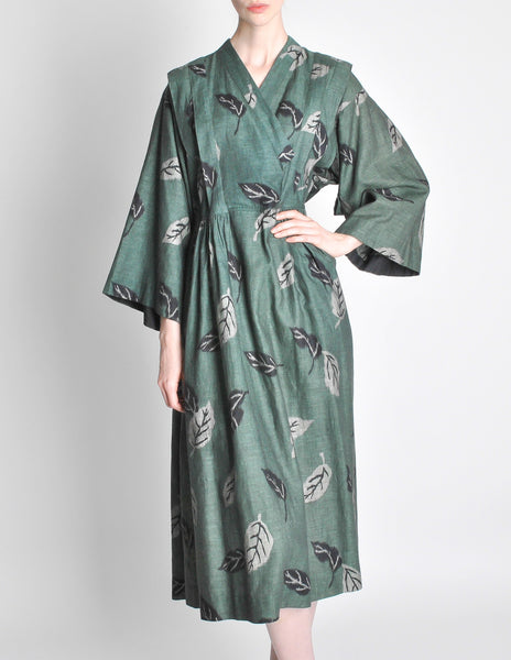 Kenzo Vintage Green Leaf Linen Kimono Dress - Amarcord Vintage Fashion
 - 2