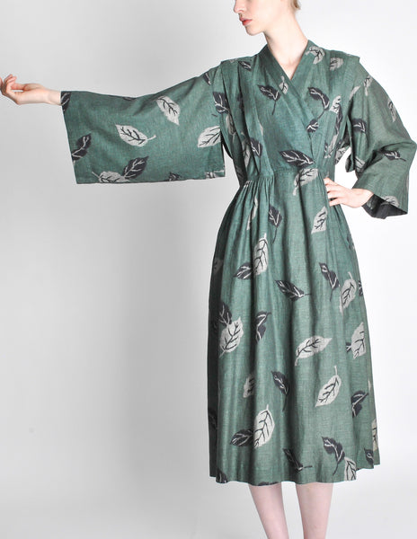 Kenzo Vintage Green Leaf Linen Kimono Dress - Amarcord Vintage Fashion
 - 4