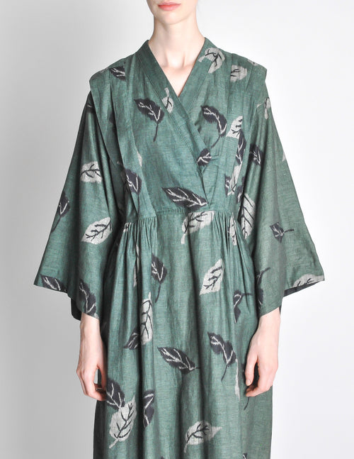 Kenzo Vintage Green Leaf Linen Kimono Dress Amarcord Vintage Fashion