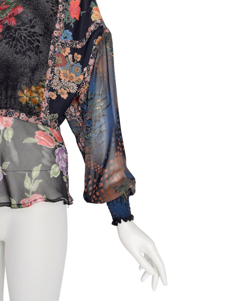Koos van den Akker Vintage Patchwork Mixed Floral Silk Chiffon Shirt
