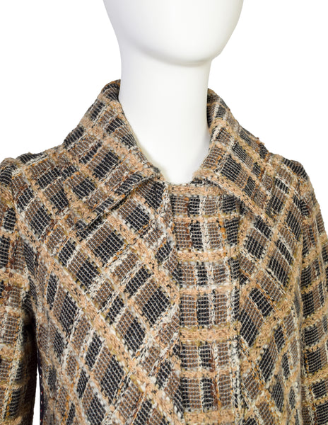 Koos van den Akker Vintage Brown Black Plaid Boucle Knit Layered Coat