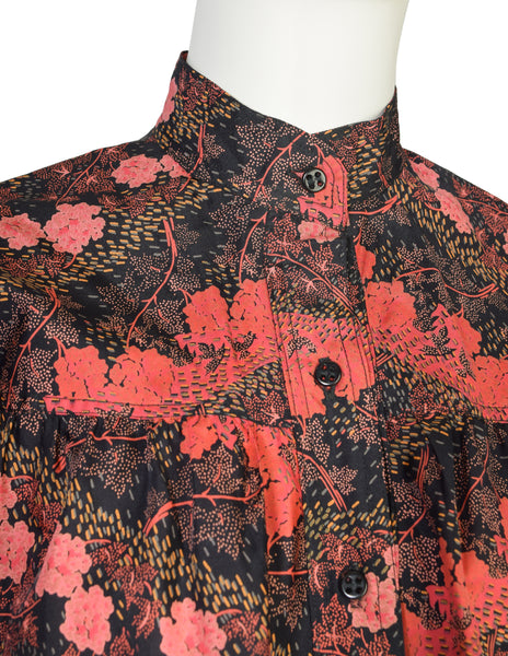 Koos Van Den Akker Black Orange Pink Floral Leaf Print Silk Tie Waist Blouse Top