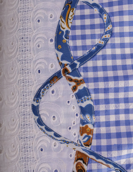 Koos Vintage Gingham Floral Silk Blue White Eyelet Cotton Triangle Scarf