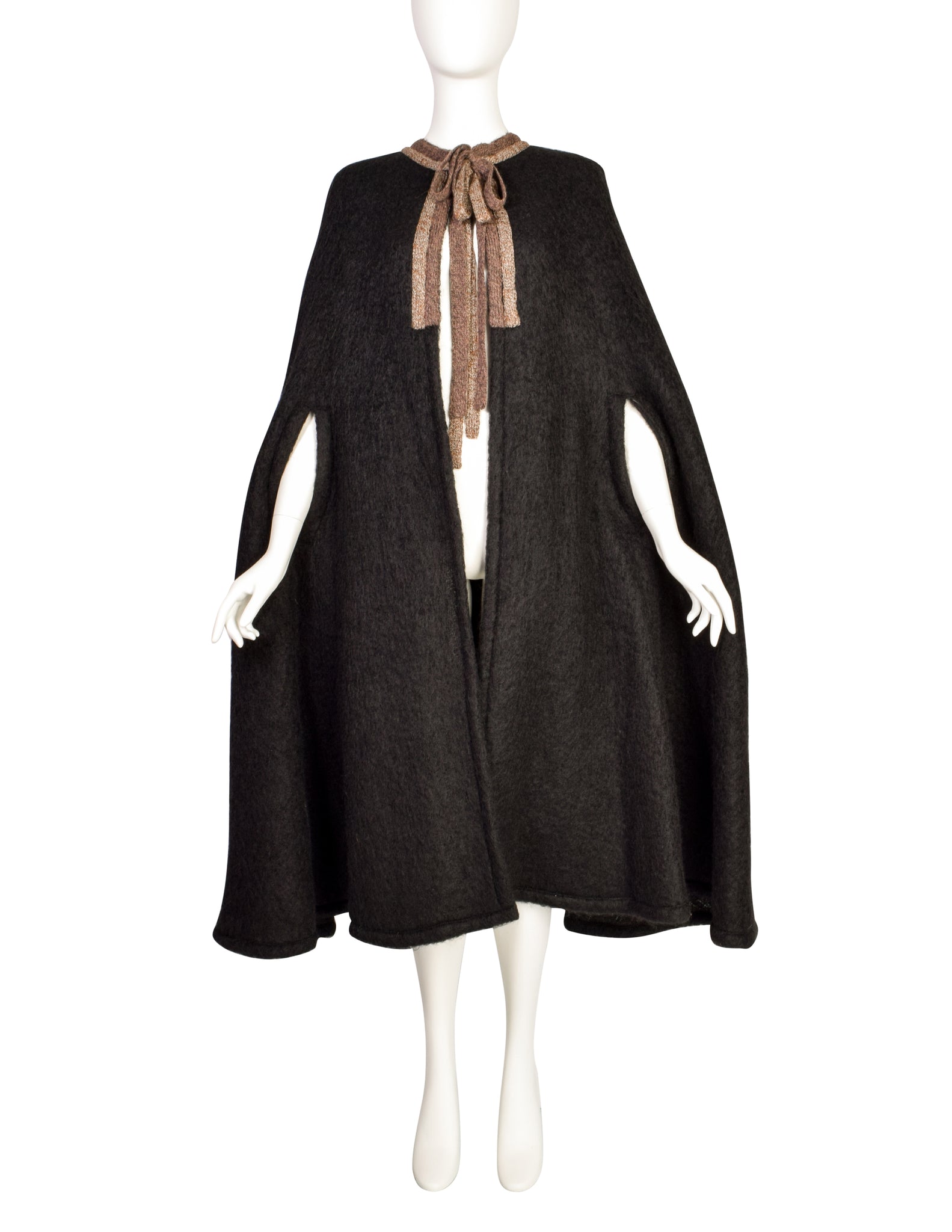 Krizia Vintage 1970s Black and Brown Mohair Wool Dramatic Cape