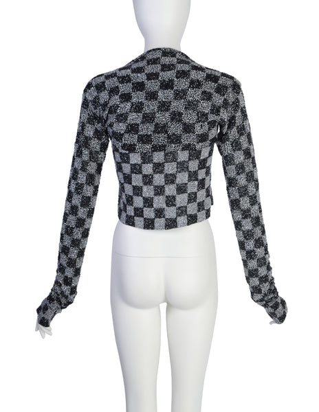 Krizia Vintage Archival Black and Iridescent Silver Beaded Checkerboard Cropped Top & Shrug Set