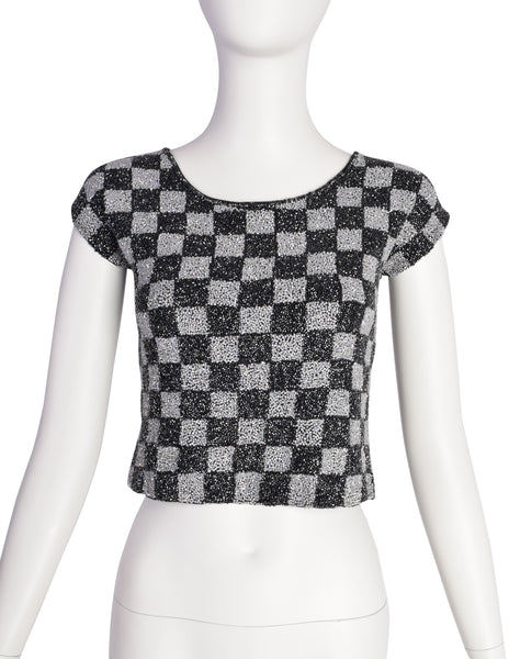 Krizia Vintage Archival Black and Iridescent Silver Beaded Checkerboard Cropped Top & Shrug Set