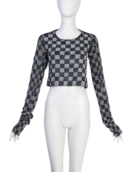 Krizia Vintage Archival Black and Iridescent Silver Beaded Checkerboard Cropped Top & Shrug Set