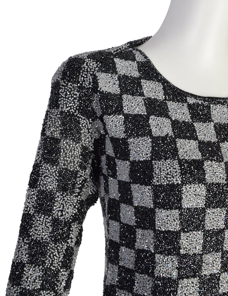 Krizia Vintage Archival Black and Iridescent Silver Beaded Checkerboard Cropped Top & Shrug Set