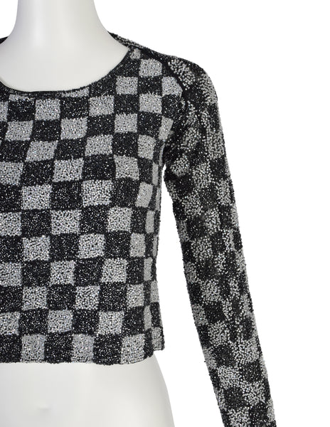 Krizia Vintage Archival Black and Iridescent Silver Beaded Checkerboard Cropped Top & Shrug Set
