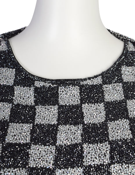 Krizia Vintage Archival Black and Iridescent Silver Beaded Checkerboard Cropped Top & Shrug Set