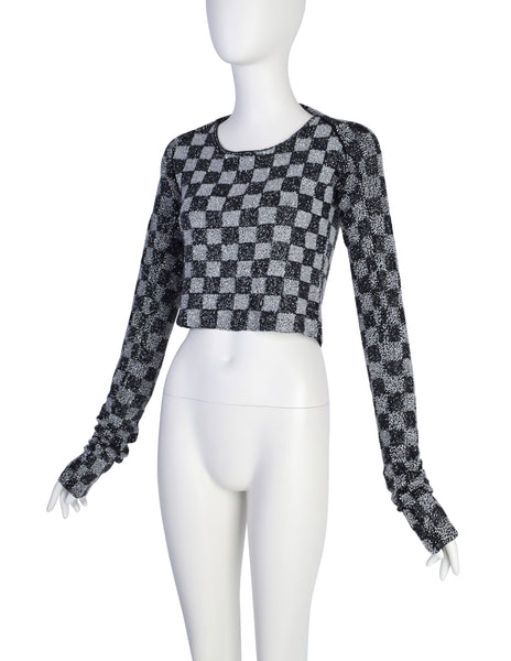 Krizia Vintage Archival Black and Iridescent Silver Beaded Checkerboard Cropped Top & Shrug Set